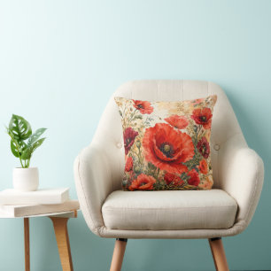 Luxurious Red Poppy Garden Watercolor Throw Pillow