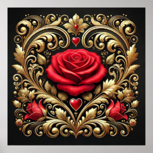 Luxurious Red Rose and Gold Heart Artwork Poster