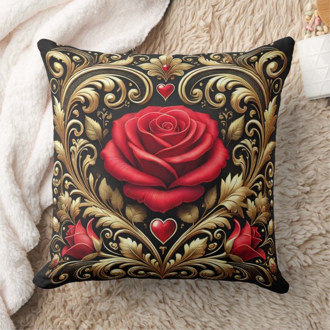  Luxurious Red Rose and Gold Heart Artwork  Throw Pillow (Blanket)