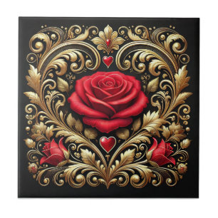 Luxurious Red Rose and Gold Heart Artwork Tile