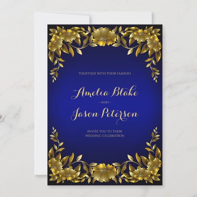 Luxurious Regal Gold Frame on Blue Wedding Invitation (Front)