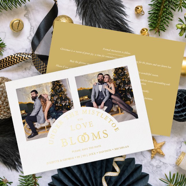 Luxurious Romantic 2 Photos Collage  Foil Holiday Card (Romantic 2 Photos Collage in Real Gold Metallic Foil Holiday Card as a Wedding Save the Date Card.)
