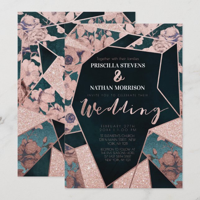 Luxurious Rose Gold Artsy Floral Geometric Wedding Invitation (Front/Back)