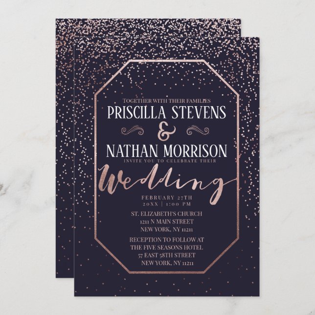 Luxurious Rose Gold Confetti Navy Blue Wedding Invitation (Front/Back)