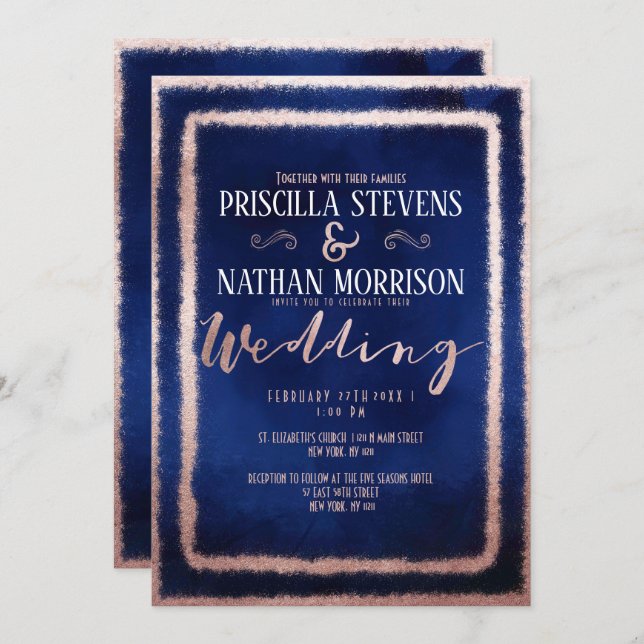 Luxurious Rose Gold Glitter Dust Navy Blue Wedding Invitation (Front/Back)