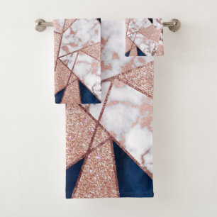 Luxurious Rose Gold Glitter Geometric Marble Bath Towel Set
