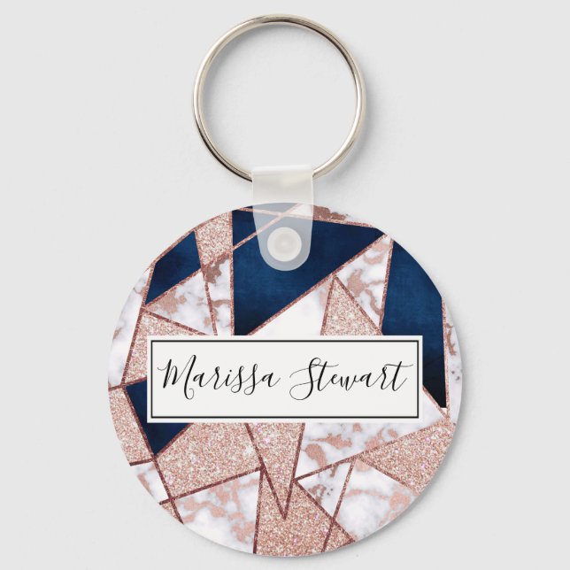 Luxurious Rose Gold Glitter Geometric Marble Keychain (Front)