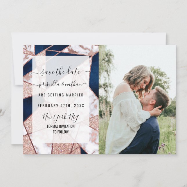 Luxurious Rose Gold Glitter Geometric Marble Save The Date (Front)