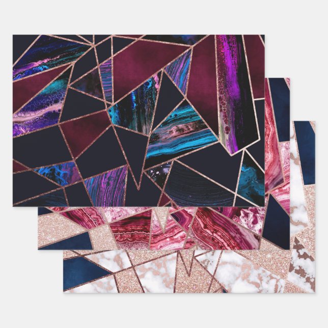 Luxurious Rose Gold Liquid Paint Marble Geometric Wrapping Paper Sheet (Set)