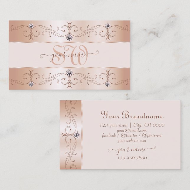 Luxurious Rose Gold Ornate Borders Jewels Monogram Business Card (Front/Back)