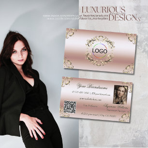 Luxurious Rose Gold Ornate Logo Photo and QR Code Business Card