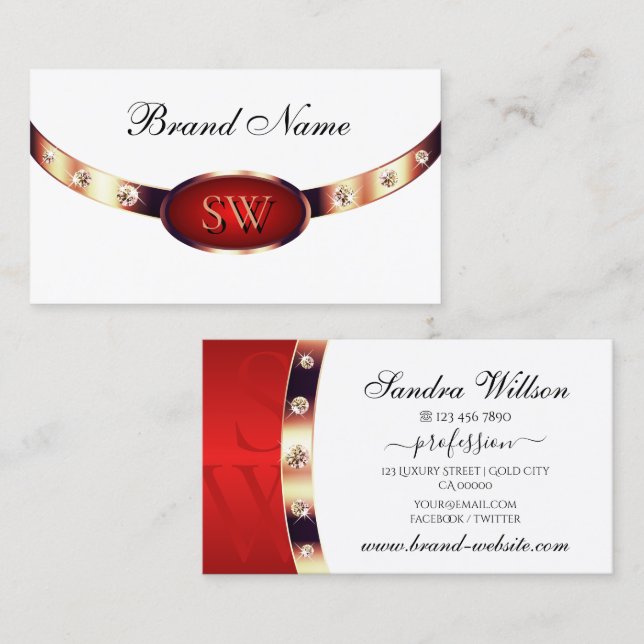 Luxurious Rose Gold White and Red Monogram Jewels  Business Card (Front/Back)