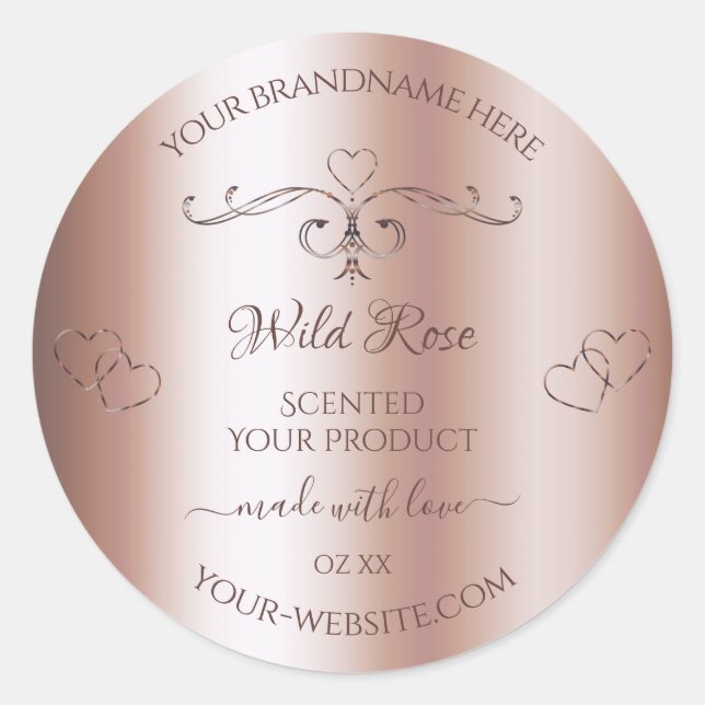 Luxurious Rose Golden Product Label Ornate Hearts (Front)