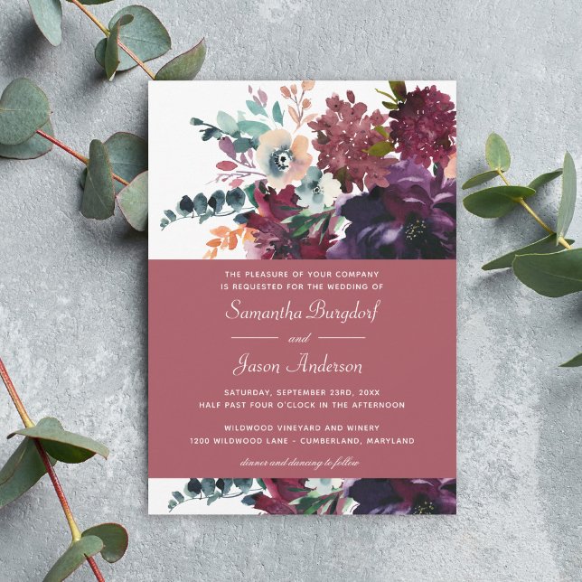 Luxurious Rose Wine Watercolor Floral Wedding Invitation (Available in both printed and instant download digital formats.)