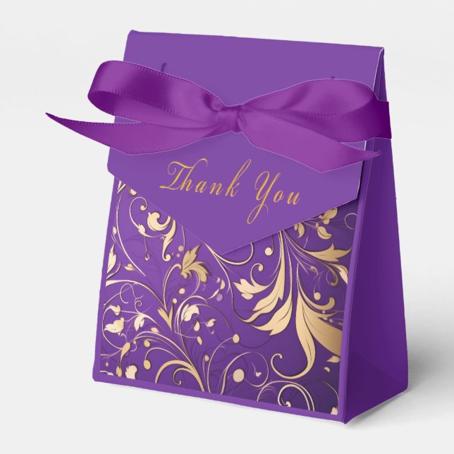 Luxurious Royal Purple and Gold Damask Patterned Favor Box (Front Side)