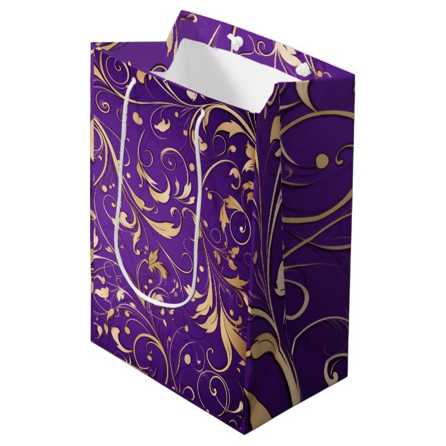 Luxurious Royal Purple and Gold Damask Patterned Medium Gift Bag (Front Angled)