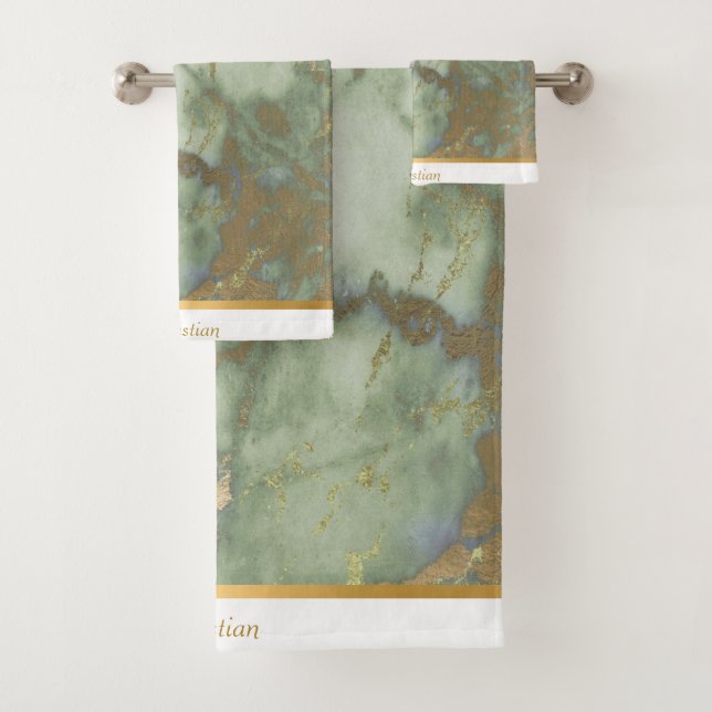 LUXURIOUS SAGE GREEN MARBLE TRIM TOWEL SET (Insitu)