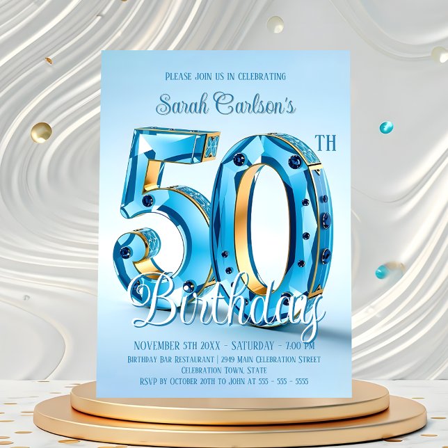 Luxurious Sapphire and Gold 50th Birthday Invitation (Creator Uploaded)