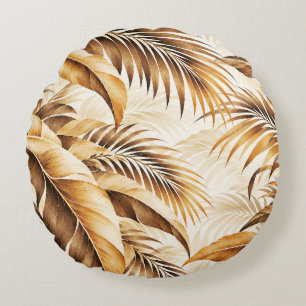 Luxurious Sepia Beige Tropical Palm Foliage Patter Round Pillow