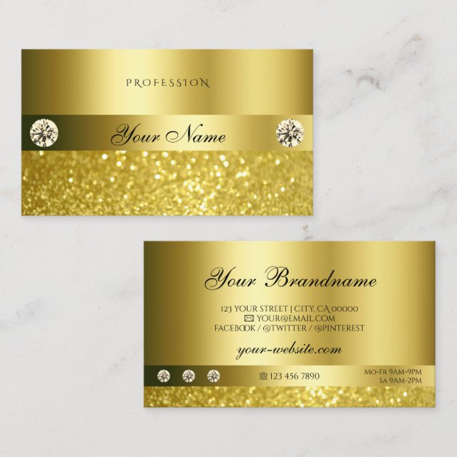Luxurious Shimmery Glitter Diamonds Luminous Gold Business Card (Front/Back)