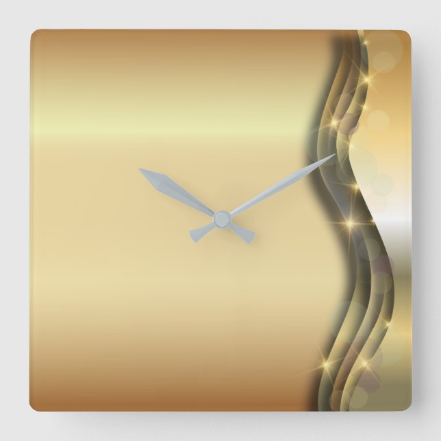Luxurious Shiny Sparkling Gold Layered Abstract Square Wall Clock (Front)