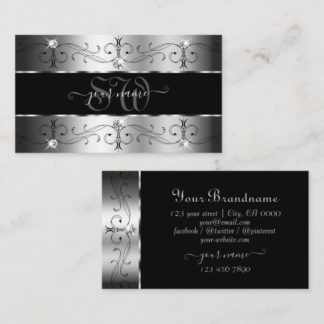 Luxurious Silver and Black Ornate Borders Monogram Business Card (Front/Back)