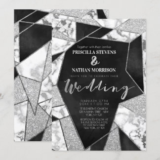 Luxurious Silver Black Glitter Geo Marble Wedding Invitation