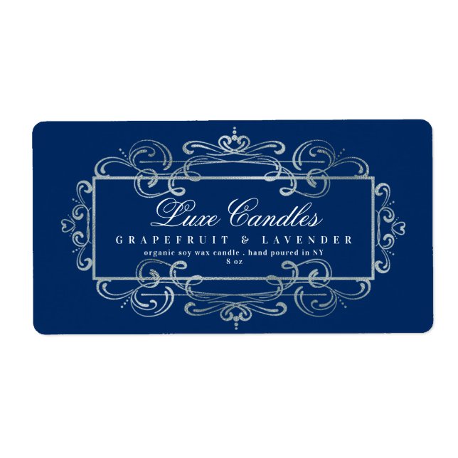 Luxurious Silver Foil Elegant Blue Product Label (Front)
