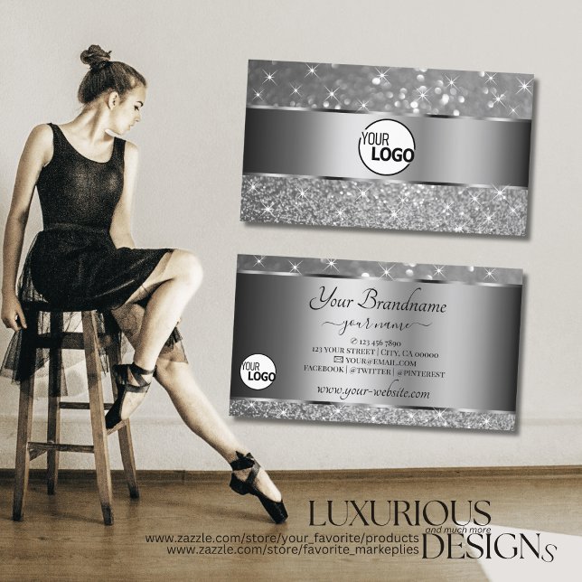 Luxurious Silver Glitter Sparkle Stars and Logo Business Card (Creator Uploaded)