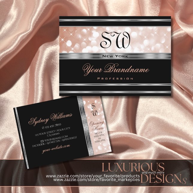 Luxurious Silver Rose Gold Glitter Initials Black Business Card (Creator Uploaded)