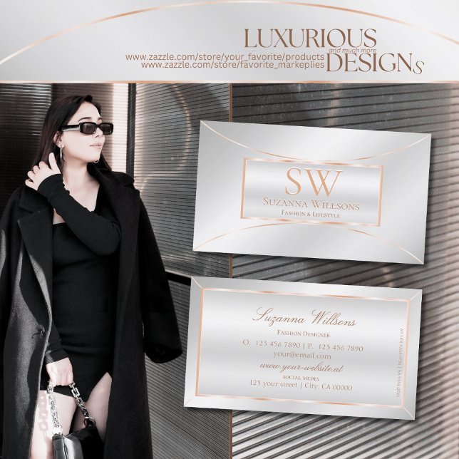 Luxurious Silver Rose Gold Ornate with Monogram Business Card (Creator Uploaded)