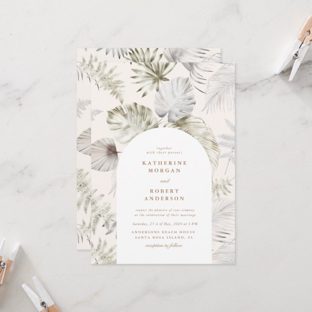 Luxurious Silver Tropical Foliage Wedding Invitation (Front/Back In Situ)