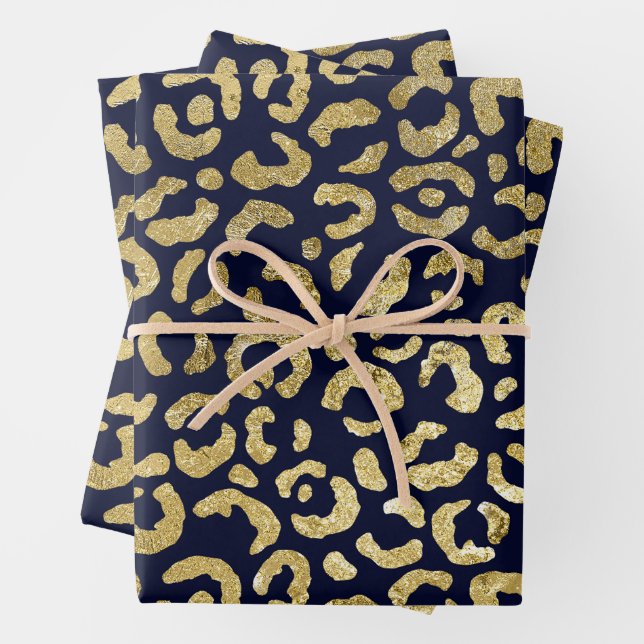 Luxurious Stylish Gold Navy Leopard Print Wrapping Paper Sheet (In situ)