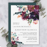 Luxurious Teal and Wine Floral Wedding Invitation<br><div class="desc">Perfect for fall and winter weddings, this elegant invitation design has a sumptuous bouquet in painted watercolor hues of dark wine, eggplant purple, burnt orange, marsala red, deepest rose pink, beige, teal and green. The back of the invitation is a matching teal colour. The look is carefree contemporary elegance. Personalize...</div>