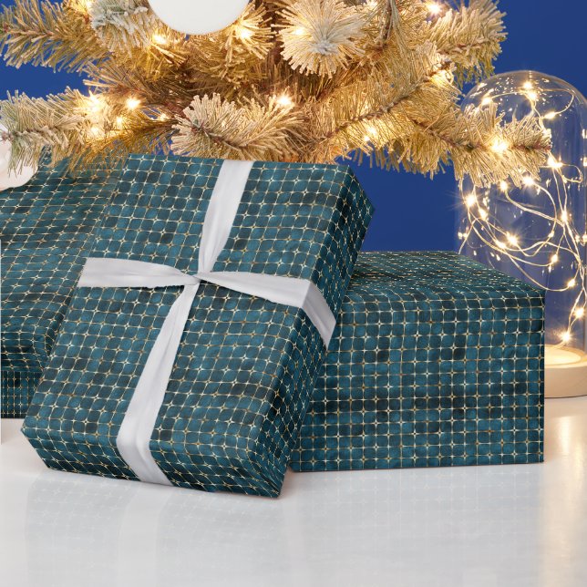 Luxurious Teal & Gold Grid Gift Wrap (Holidays)