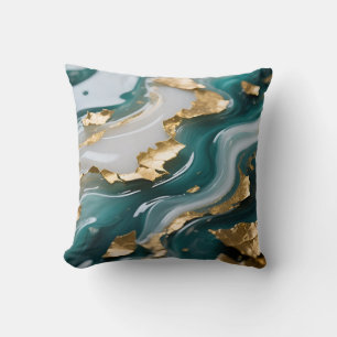 Luxurious Teal Gold Leaf Fluid Marble  Throw Pillow