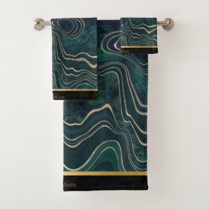 LUXURIOUS TEAL  GREEN MARBLE TRIM TOWEL SET