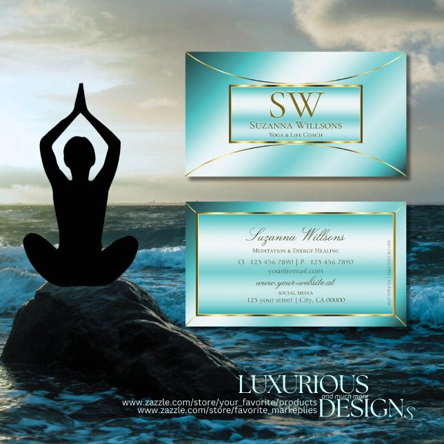 Luxurious Teal with Gold Decor and Monogram Modern Business Card (Creator Uploaded)