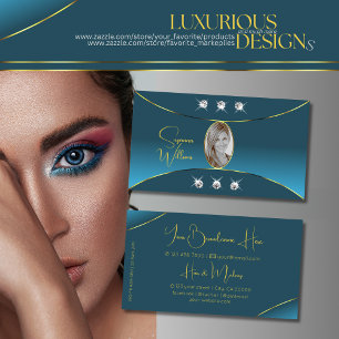Luxurious Teal with Gold Decor Jewels and Photo Business Card