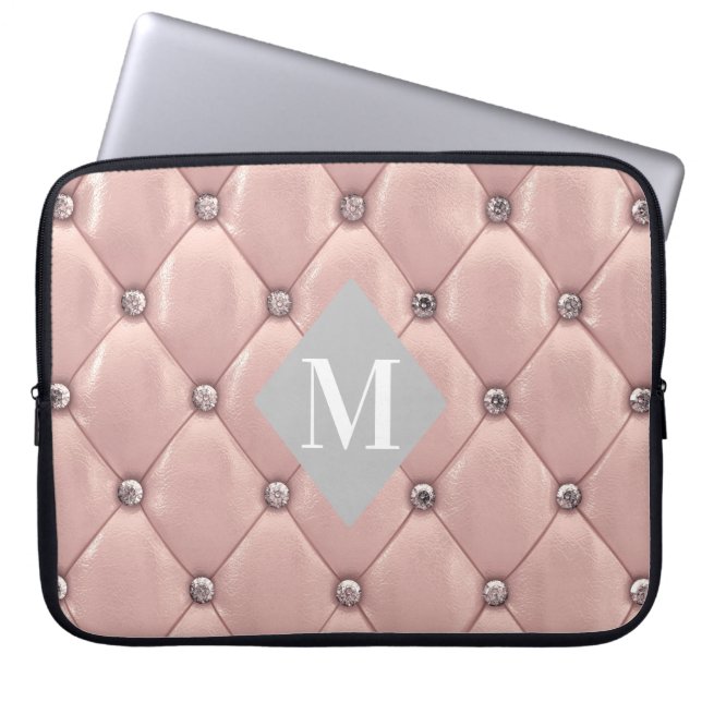 luxurious tufted rose gold monogram laptop sleeve (Front)