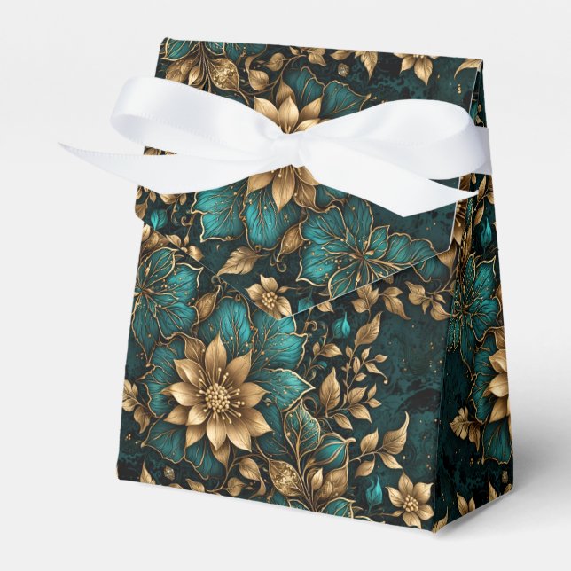 Luxurious Turquoise and Bronze Botanical Favor Box (Front Side)
