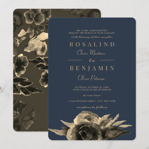 Luxurious Unique Navy Blue Golden Floral Wedding Invitation