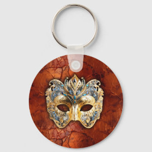 Luxurious Venetian Mask on Red-Rust Background Keychain