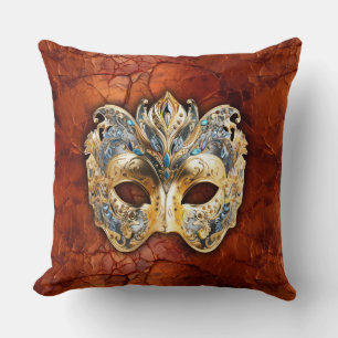 Luxurious Venetian Mask on Red-Rust Background Throw Pillow