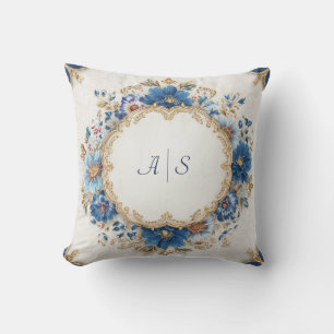 Luxurious Victorian Blue and Gold Floral Design Throw Pillow