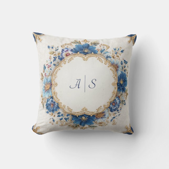Luxurious Victorian Blue and Gold Floral Design Throw Pillow (Front)