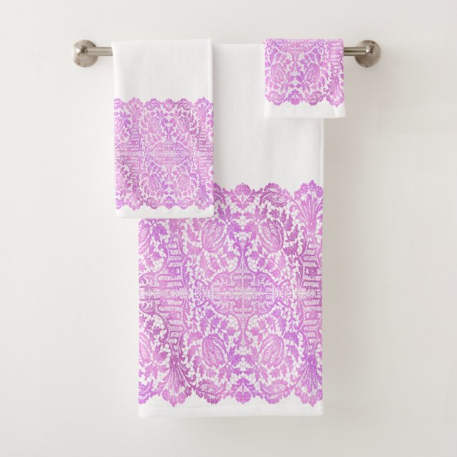 LUXURIOUS VIOLET Lace on white Bath Towel Set (Insitu)