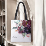 Luxurious Watercolor Burgundy Floral with Name Tote Bag<br><div class="desc">A great gift idea for bridesmaids or other members of your wedding party,  this design features a luxurious watercolor bouquet of dark florals in burgundy,  eggplant purple,  deep rose,  pink,  beige,  teal and green. A text template is included for you to personalize with a name.</div>