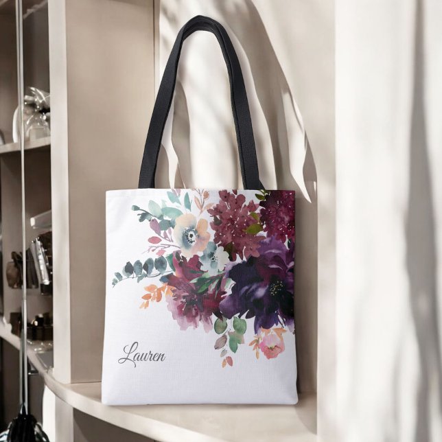 Luxurious Watercolor Burgundy Floral with Name Tote Bag (Creator Uploaded)