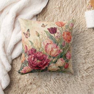 Luxurious Watercolor Tulip Garden Throw Pillow